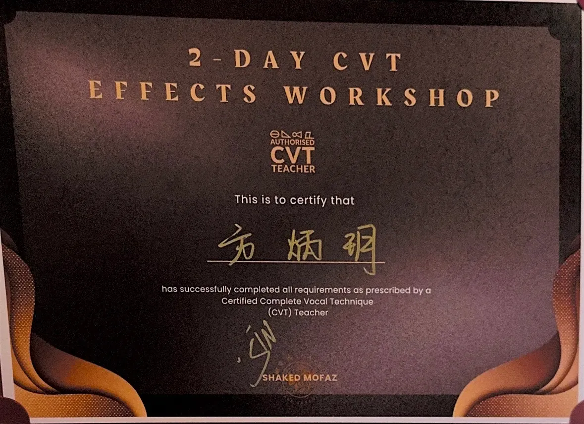 方炳玥完成 CVT Effects Workshop 的证明
